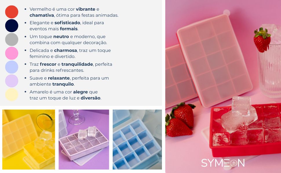 Significado de cada cor da forma de gelo Symeon — vermelho, azul marinho, cinza, rosa, azul bebê, lilás e amarelo