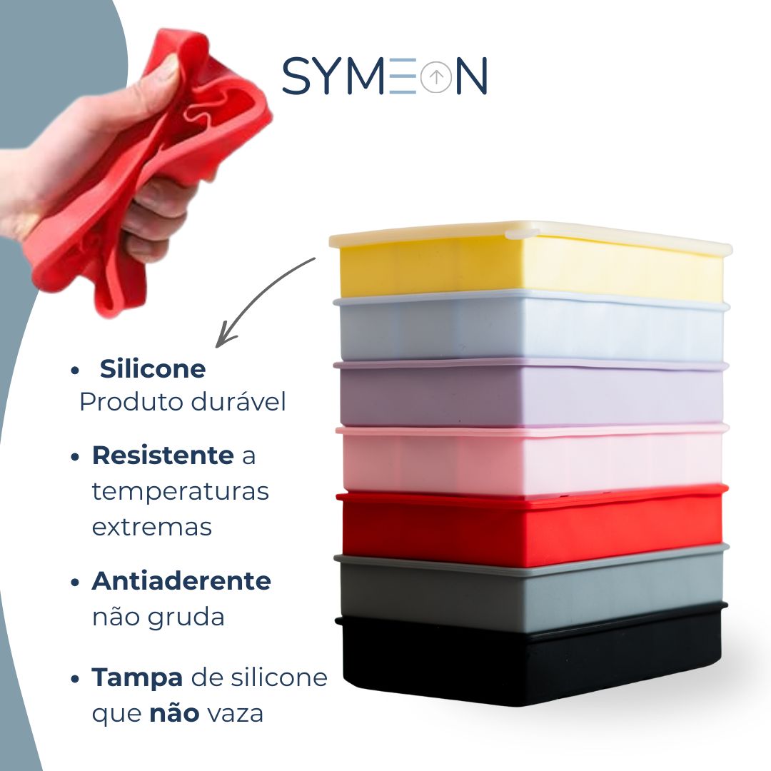 Características da forma de gelo Symeon — silicone durável, resistente, antiaderente e com tampa que não vaza